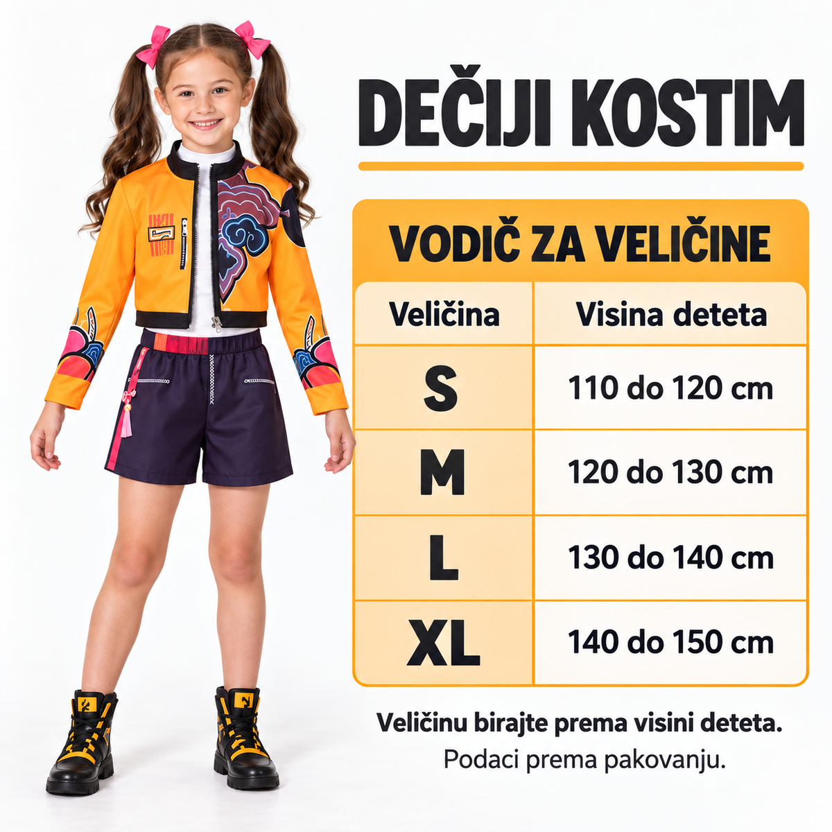 Vodič za veličine dečijeg kostima: S 110–120 cm, M 120–130 cm, L 130–140 cm, XL 140–150 cm.