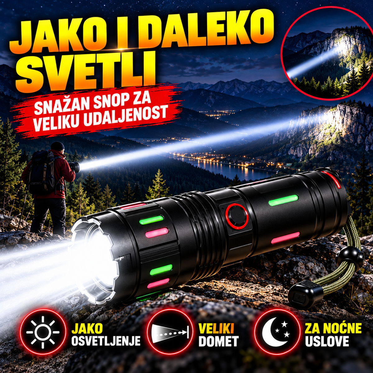 Jak i usmeren snop svetlosti: ilustrativni prikaz osvetljenja na daljinu