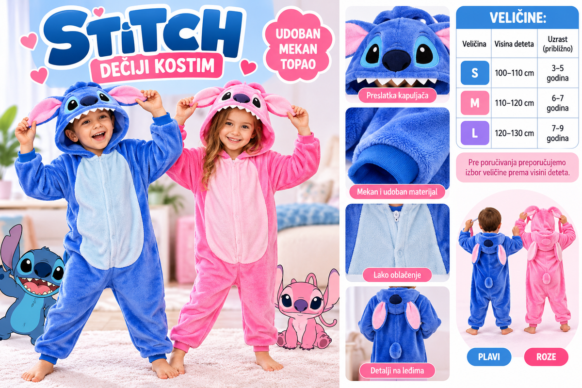 Dečiji Stitch kostimi u plavoj i roze boji i tabela veličina