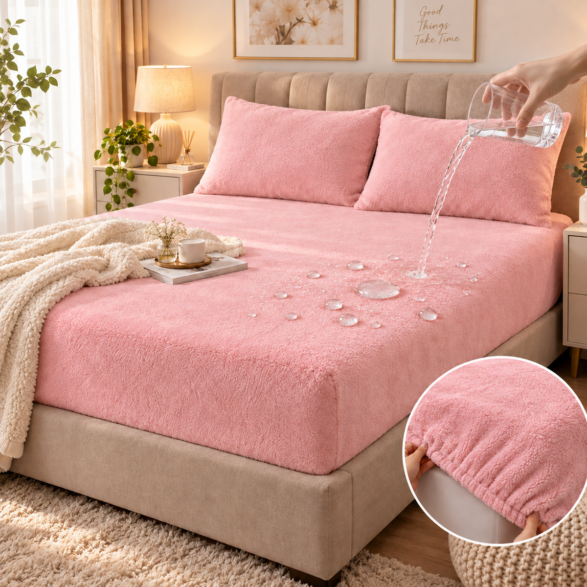 Tedi čaršav vodootporan – roze na krevetu