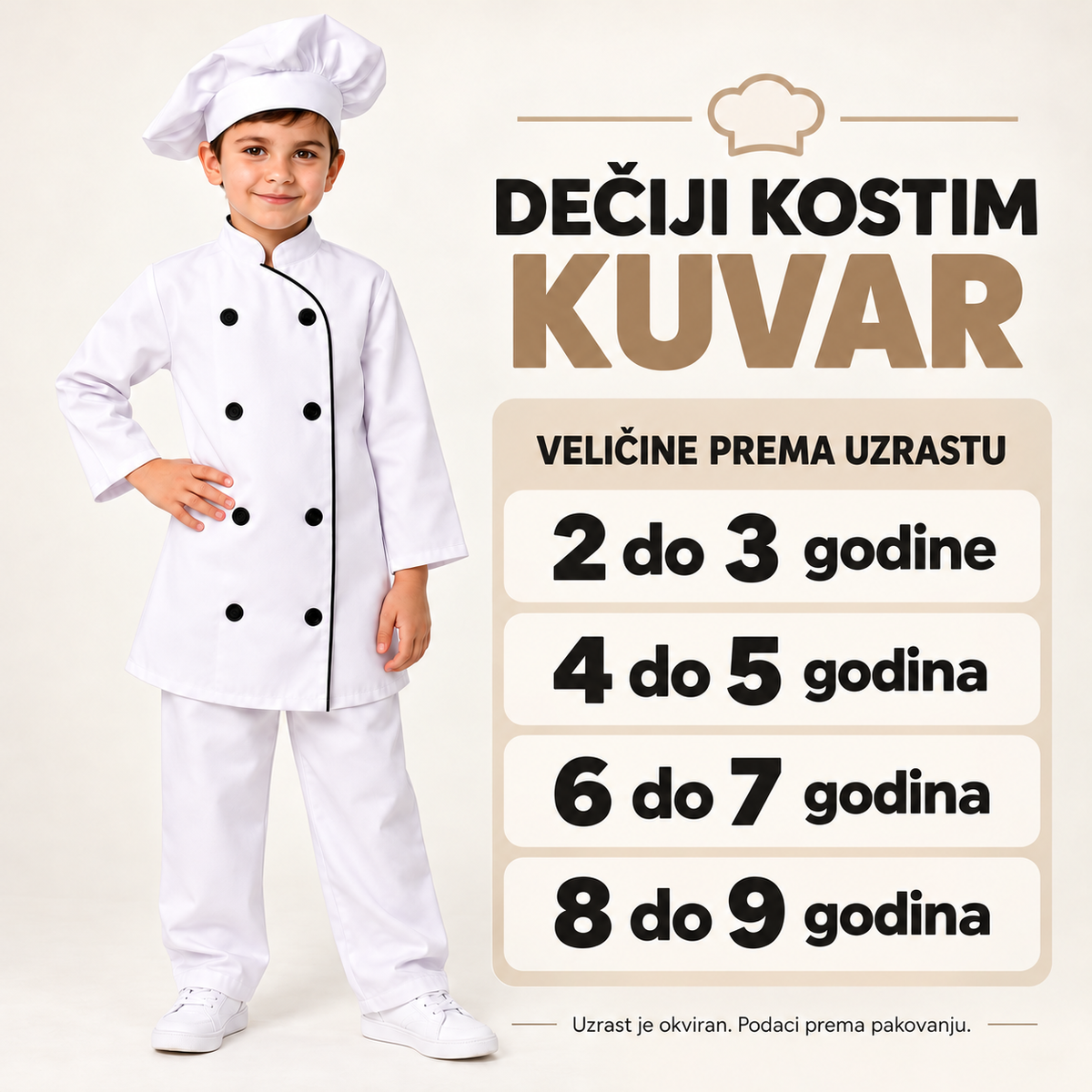 Kostim kuvar – veličine 2 do 3, 4 do 5, 6 do 7 i 8 do 9 godina