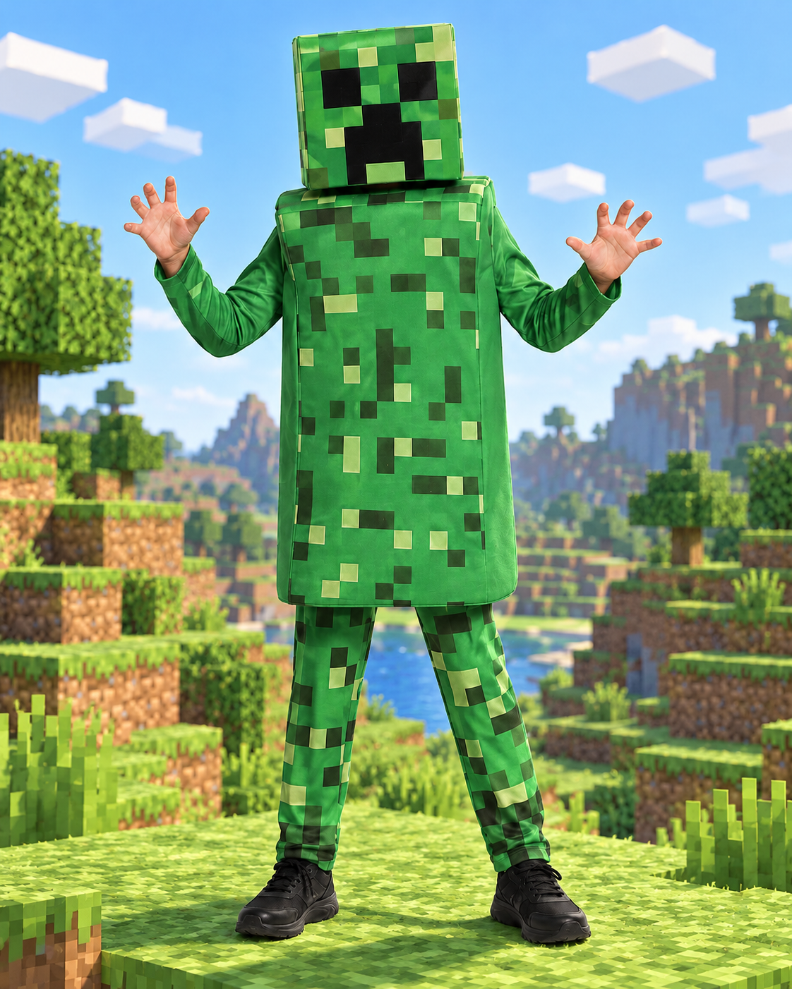 Dečiji Minecraft Creeper kostim sa kockastim Minecraft pejzažom u pozadini.