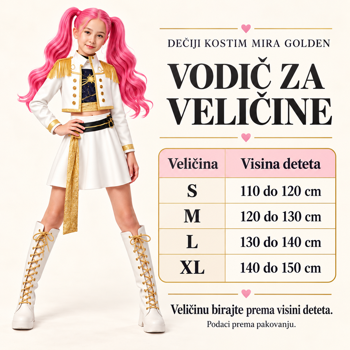 Vodič za veličine kostima Mira Golden prema visini deteta: S 110–120 cm, M 120–130 cm, L 130–140 cm i XL 140–150 cm.