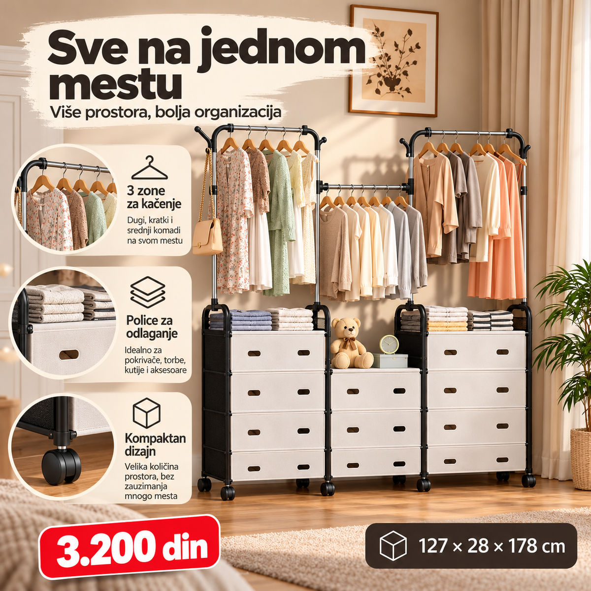 Garderober sa prostorom za kačenje odeće i pregradama