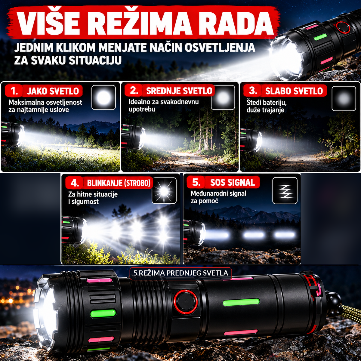 Pet režima rada prednje LED lampe: jako, srednje i slabo svetlo, stroboskop i SOS