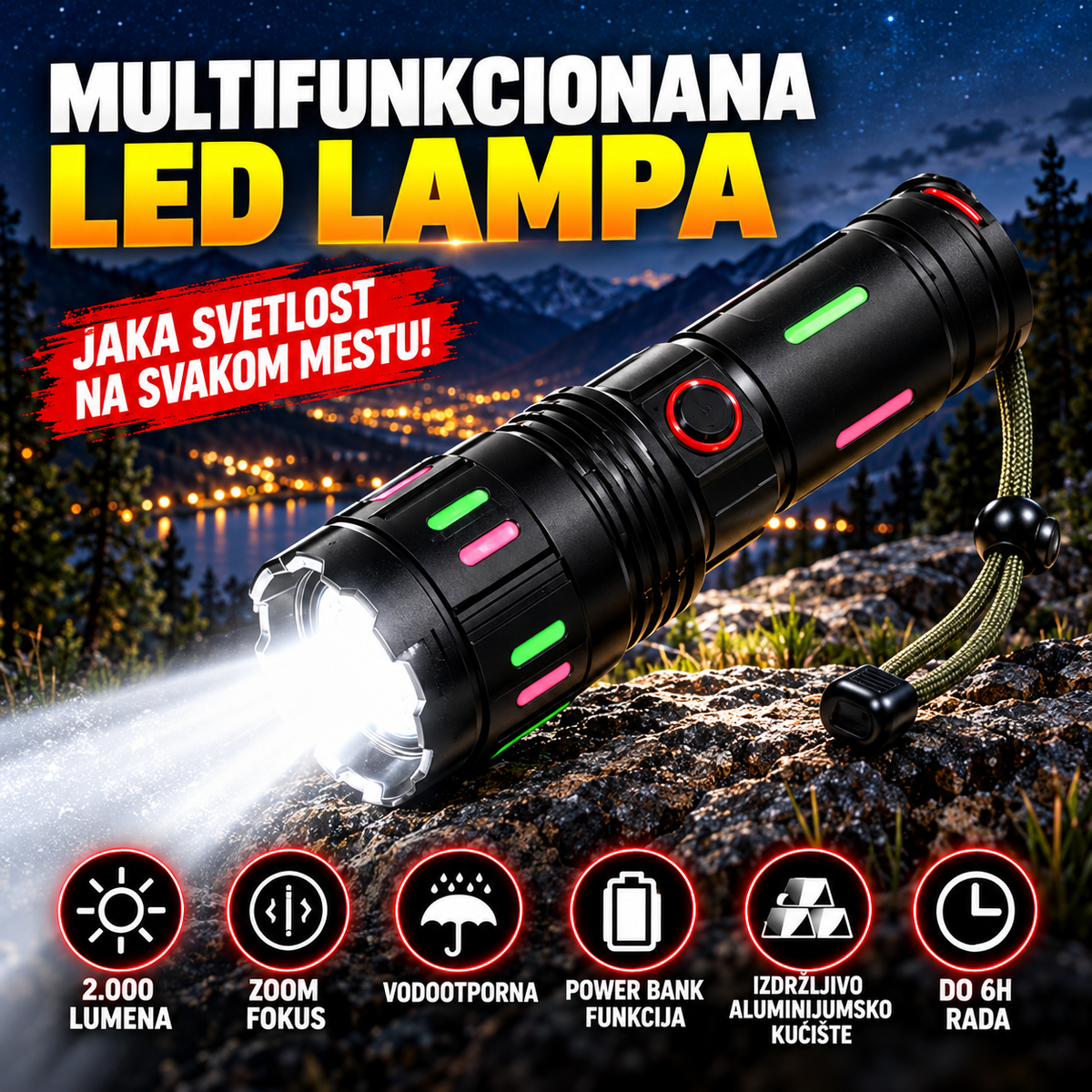 Multifunkcionalna LED lampa sa jakim svetlom, zumom i power bank funkcijom