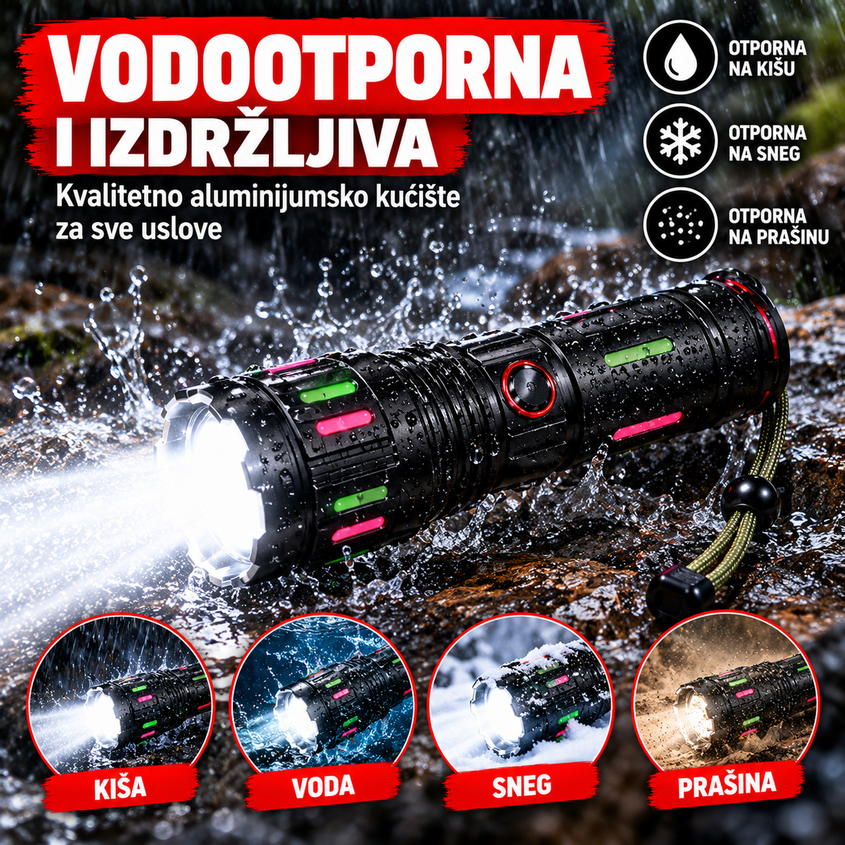 LED lampa na kiši, promotivni prikaz otpornosti na prskanje vode (bez potvrđenog IP stepena)
