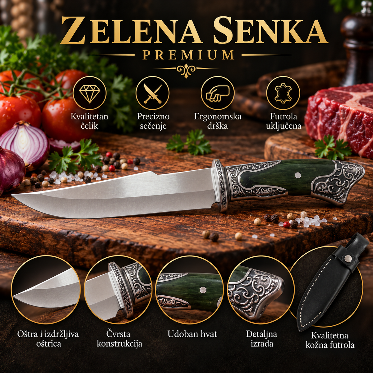 Zelena senka – ukrašeni lovački nož sa tamnozelenom drškom i metalnom gravurom