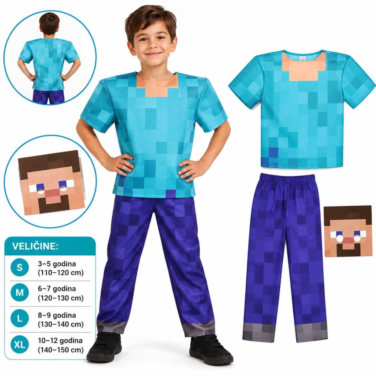 Minecraft Steve kostim veličine S, M, L, XL i maska